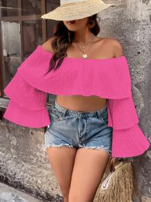 SHEIN Unity áo nữ kích thước lớn Xù phân lớp màu trơn Boho - Màu Hồng Tươi - Xem 3