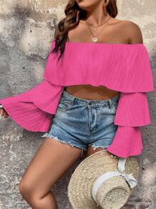 SHEIN Unity áo nữ kích thước lớn Xù phân lớp màu trơn Boho - Màu Hồng Tươi - Xem 4