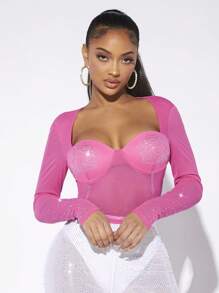 SHEIN SXY 水鑽細節雞心領口緊身上衣網紗T恤 - 粉色 - 查看 5