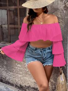 SHEIN Unity áo nữ kích thước lớn Xù phân lớp màu trơn Boho - Màu Hồng Tươi - Xem 5