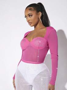 SHEIN SXY 水鑽細節雞心領口緊身上衣網紗T恤 - 粉色 - 查看 6