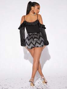 SHEIN SXY Cold Shoulder Ruffle Trim Split Sleeve Satin Top - Black - View 2