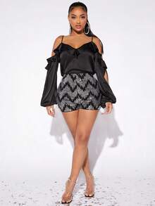 SHEIN SXY Cold Shoulder Ruffle Trim Split Sleeve Satin Top - Black - View 4