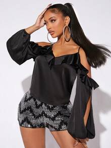SHEIN SXY Cold Shoulder Ruffle Trim Split Sleeve Satin Top - Black - View 5