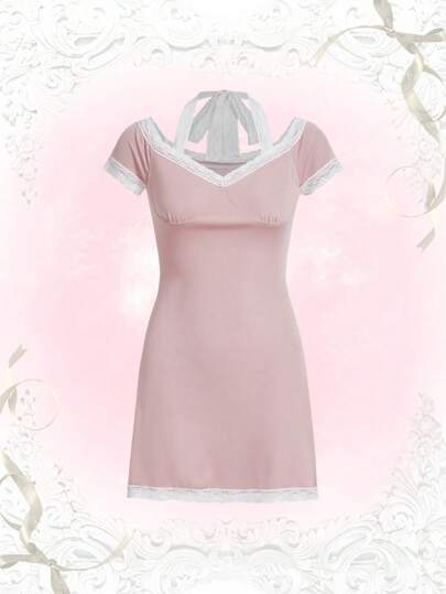 Contrast Lace Tie Backless Halter Dress