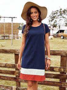 EMERY ROSE Vestido túnico de color combinado de manga murciélago - Azul Marino - Ver 1