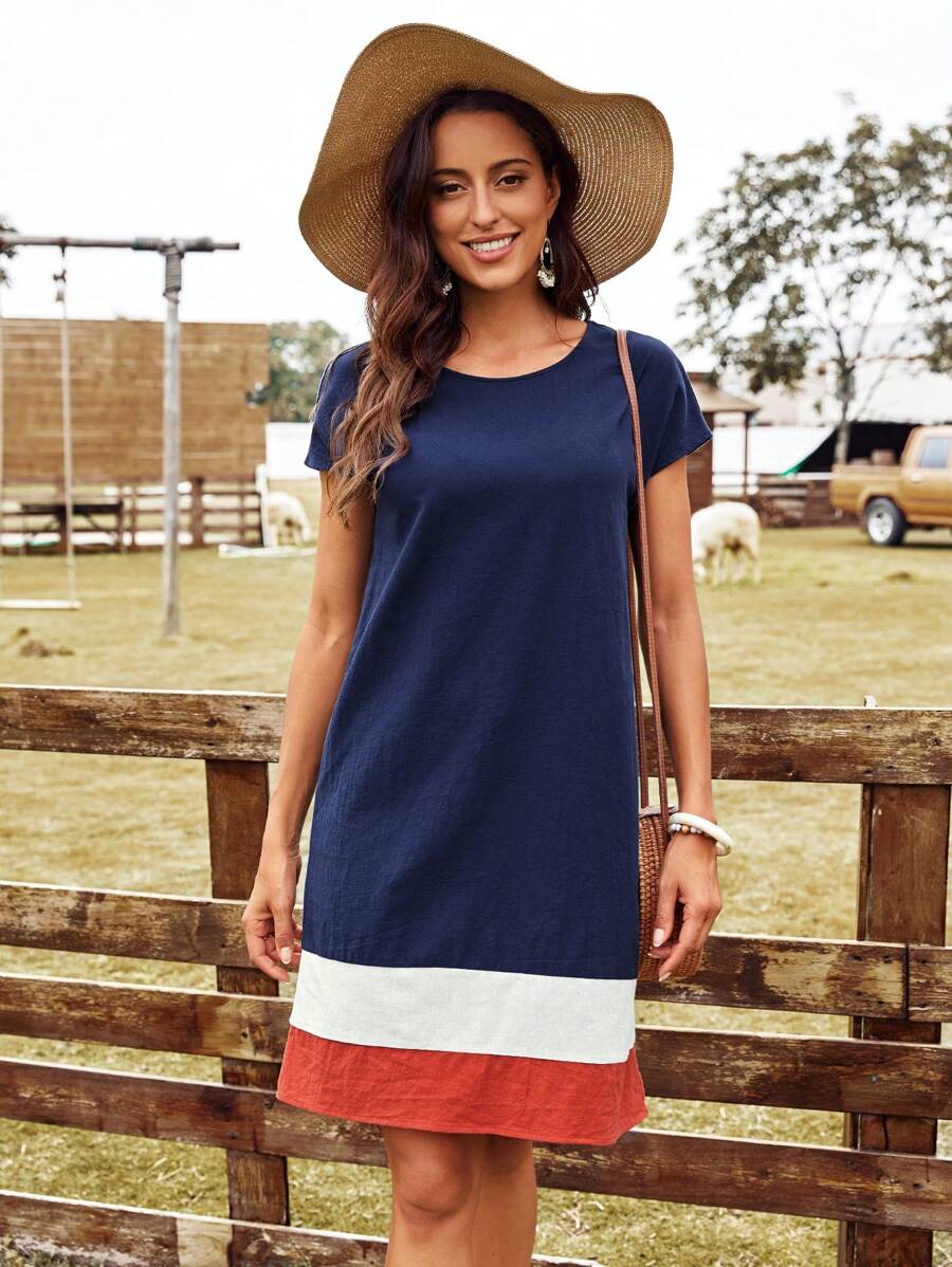 EMERY ROSE Vestido túnico de color combinado de manga murciélago - Azul Marino - Ver 1