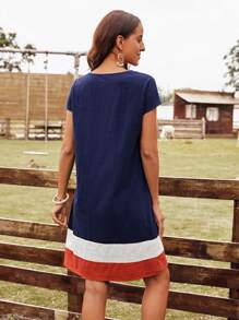 EMERY ROSE Vestido túnico de color combinado de manga murciélago - Azul Marino - Ver 3