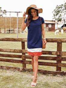 EMERY ROSE Vestido túnico de color combinado de manga murciélago - Azul Marino - Ver 4