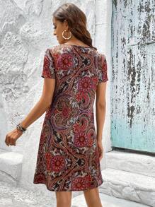 EMERY ROSE 曼陀羅印花V領直筒洋裝 - 彩色 - 查看 2