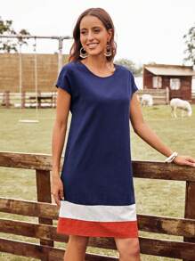 EMERY ROSE Vestido túnico de color combinado de manga murciélago - Azul Marino - Ver 2