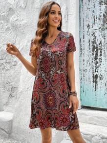 EMERY ROSE 曼陀羅印花V領直筒洋裝 - 彩色 - 查看 6