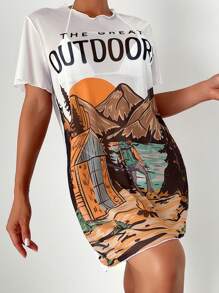 Tree & Slogan Graphic Cover Up Dress - White - View 1