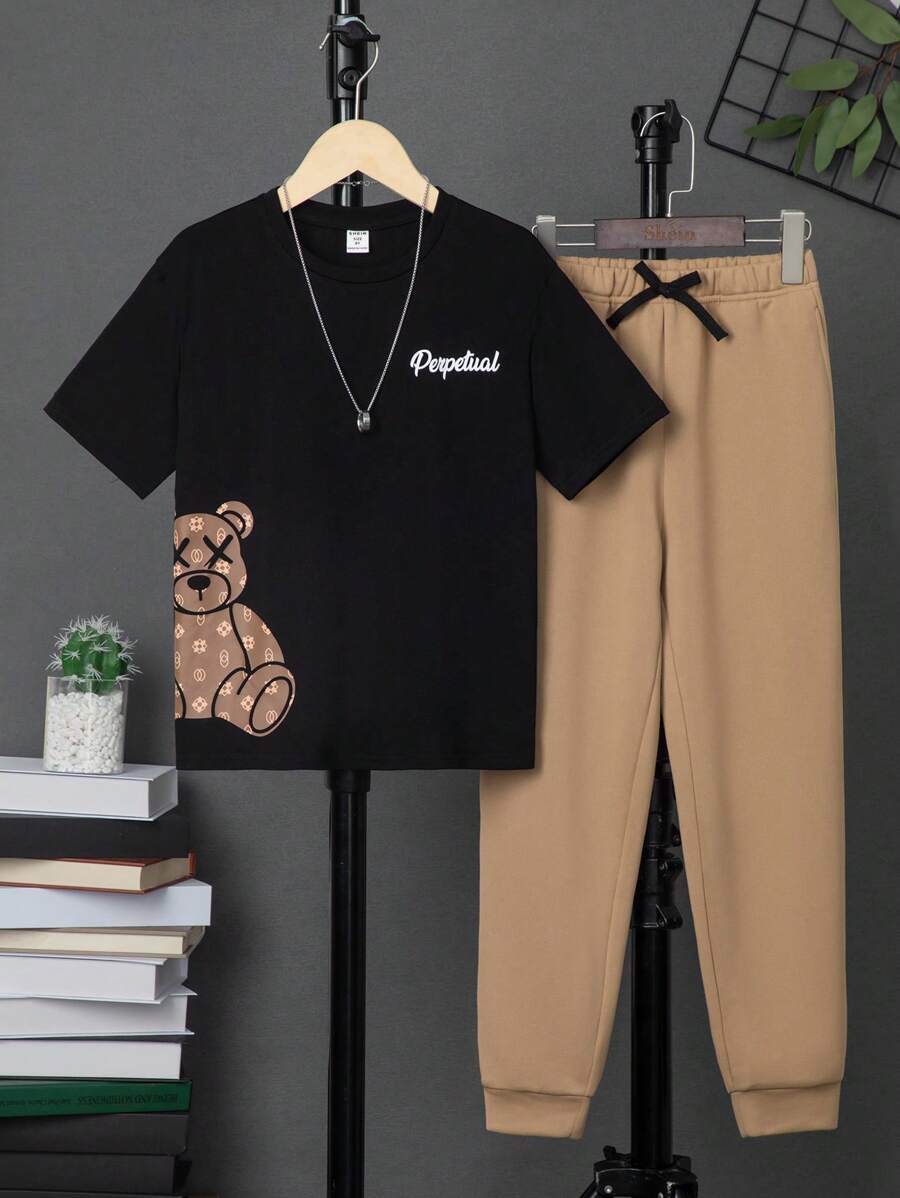 SHEIN Leap Crew Tween男孩熊&字母圖案t恤&系帶腰部運動長褲(不含項鍊) - 彩色 - 查看 1
