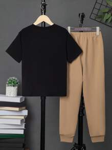 SHEIN Leap Crew Tween男孩熊&字母圖案t恤&系帶腰部運動長褲(不含項鍊) - 彩色 - 查看 2