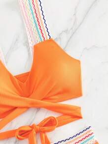 鋸齒紋織帶圍裹比基尼泳裝 - 橘色 - 查看 4