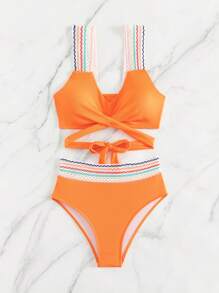 鋸齒紋織帶圍裹比基尼泳裝 - 橘色 - 查看 5