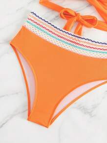 鋸齒紋織帶圍裹比基尼泳裝 - 橘色 - 查看 6
