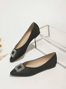 Glamorous Black Flats For Women, Rhinestone Decor Point Toe Ballet Flats - Black - View 1