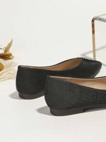 Glamorous Black Flats For Women, Rhinestone Decor Point Toe Ballet Flats - Black - View 2
