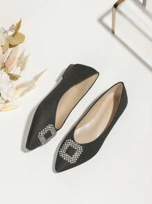 Glamorous Black Flats For Women, Rhinestone Decor Point Toe Ballet Flats - Black - View 4