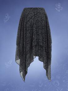 Corpse Bride | ROMWE Butterfly Print Asymmetrical Hem Mesh Skirt - Dark Grey - View 4