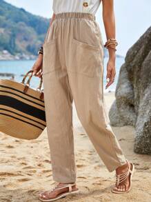 EMERY ROSE Dual Pocket Elastic Waist Trousers - Khaki - View 2