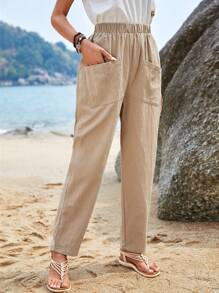 EMERY ROSE Dual Pocket Elastic Waist Trousers - Khaki - View 1