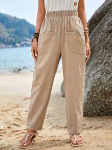 EMERY ROSE Dual Pocket Elastic Waist Trousers - Khaki - View 4