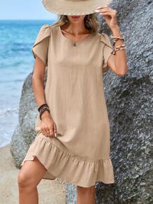 EMERY ROSE Petal Sleeve Ruffle Hem Smock Dress - Khaki - View 3