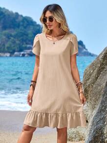 EMERY ROSE Petal Sleeve Ruffle Hem Smock Dress - Khaki - View 1