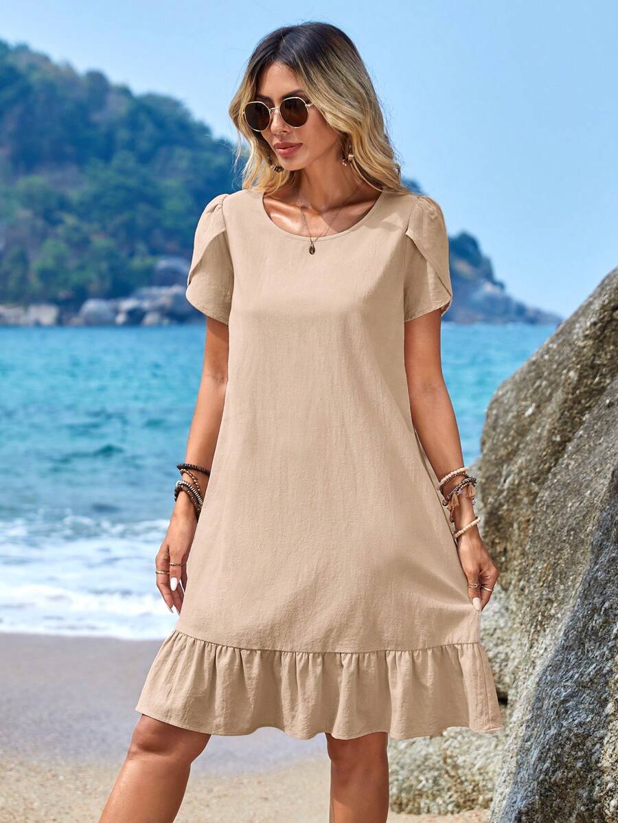 EMERY ROSE Petal Sleeve Ruffle Hem Smock Dress - Khaki - View 1
