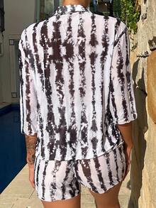 紮染網紗罩衫套裝 - 黑與白 - 查看 3