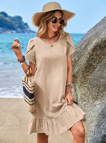 EMERY ROSE Petal Sleeve Ruffle Hem Smock Dress - Khaki - View 4