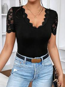 SHEIN Privé Contrast Lace Scallop Trim Bodysuit - Black - View 2