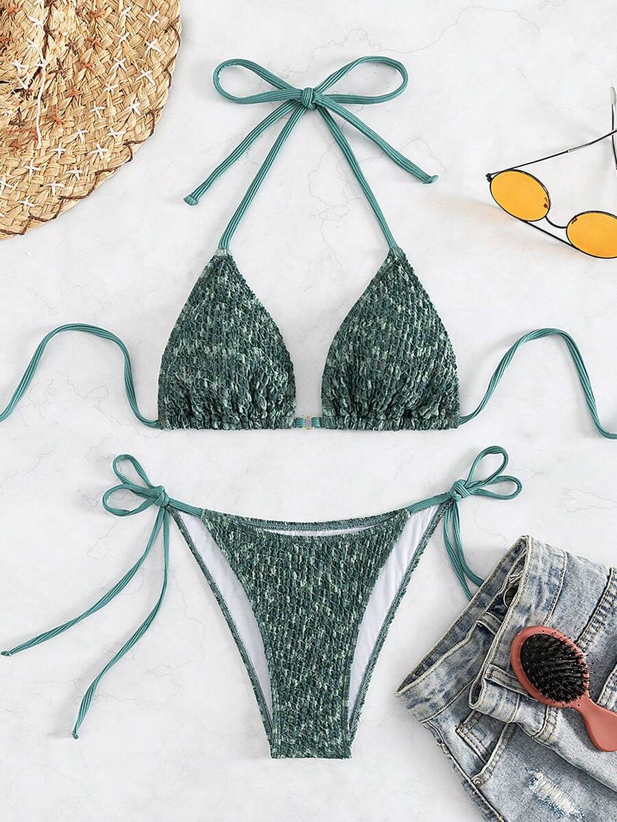 Swim Mod Summer Beach Smocked Triangle Tie Side Bikini Set - Dark Green - View 1