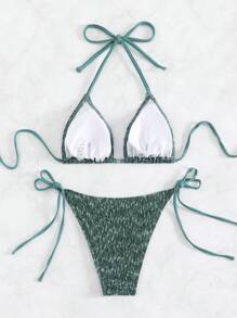 Swim Mod Summer Beach Smocked Triangle Tie Side Bikini Set - Dark Green - View 2