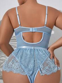 PetitDoll Plus Floral Lace Underwire Garter Lingerie Set - Baby Blue - View 2