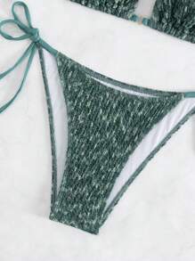 Swim Mod Summer Beach Smocked Triangle Tie Side Bikini Set - Dark Green - View 4