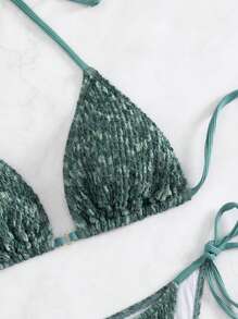 Swim Mod Summer Beach Smocked Triangle Tie Side Bikini Set - Dark Green - View 5