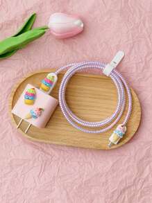 5入組冰淇淋裝飾數據線保護套和充電器頭套適用於iphone - 粉色 - 查看 2