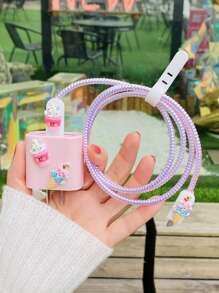 5 cái Ice-cream Decor Data Cable Protector & Charger Head Cover Set Tương thích với iPhone - Hồng - Xem 1
