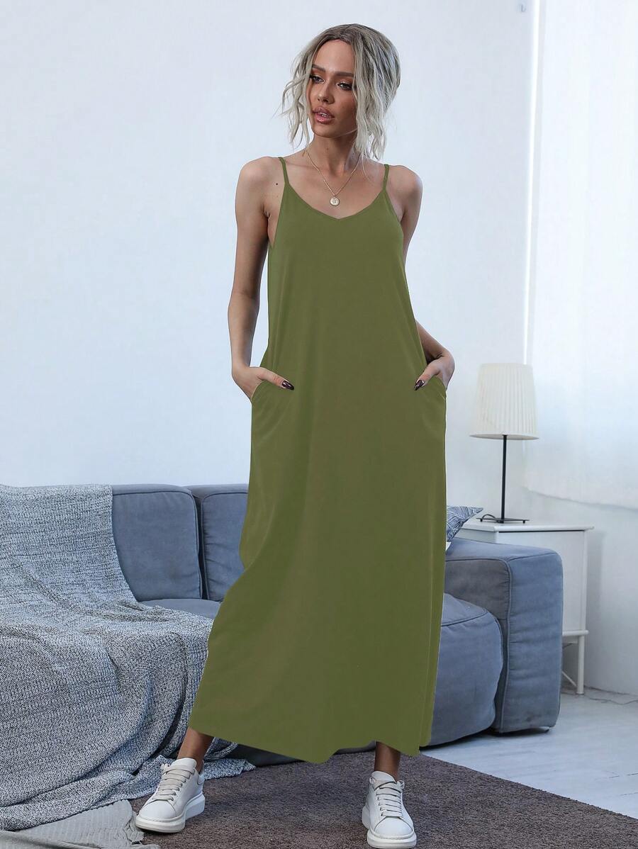 SHEIN LUNE Đầm Túi màu trơn Giải trí - xanh quân đội - Xem 1