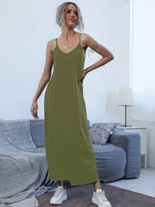 SHEIN LUNE Đầm Túi màu trơn Giải trí - xanh quân đội - Xem 3