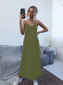 SHEIN LUNE Đầm Túi màu trơn Giải trí - xanh quân đội - Xem 4