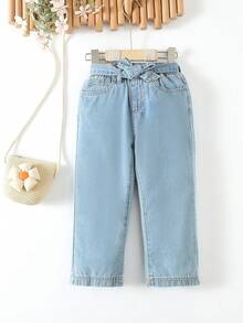 小女童紙袋腰直筒牛仔褲 - 淺色水洗藍 - 查看 1