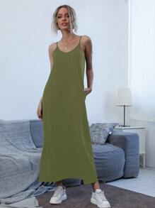 SHEIN LUNE Đầm Túi màu trơn Giải trí - xanh quân đội - Xem 5