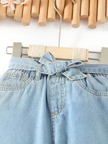 小女童紙袋腰直筒牛仔褲 - 淺色水洗藍 - 查看 3