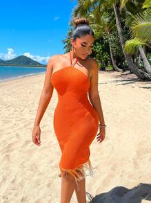 SHEIN SXY Vestido ajustado bajo con fleco de cuello halter - Naranja - Ver 1