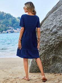 EMERY ROSE 女士纯色 V 领短袖荷叶边简约短裙 - 藏蓝色 - 查看 3